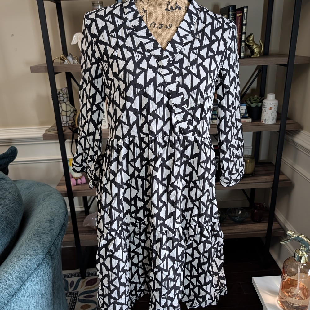Rachel Zoe Monochrome Geometric Long Sleeve Dress
